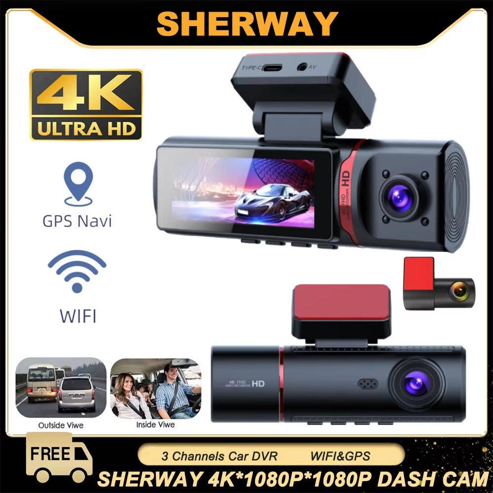3-Channel 4K UHD Car DVR Dash Cam | Triple Lens GPS Dash Camera with Inside Cabin Recording & Video Registrator