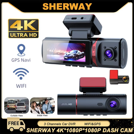 3-Channel 4K UHD Car DVR Dash Cam | Triple Lens GPS Dash Camera with Inside Cabin Recording & Video Registrator