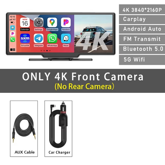 10.26-Inch 4K Car DVR Dash Cam – CarPlay & Android Auto | Dual Lens | GPS | 5G WiFi | Bluetooth | FM | Drive Recorder