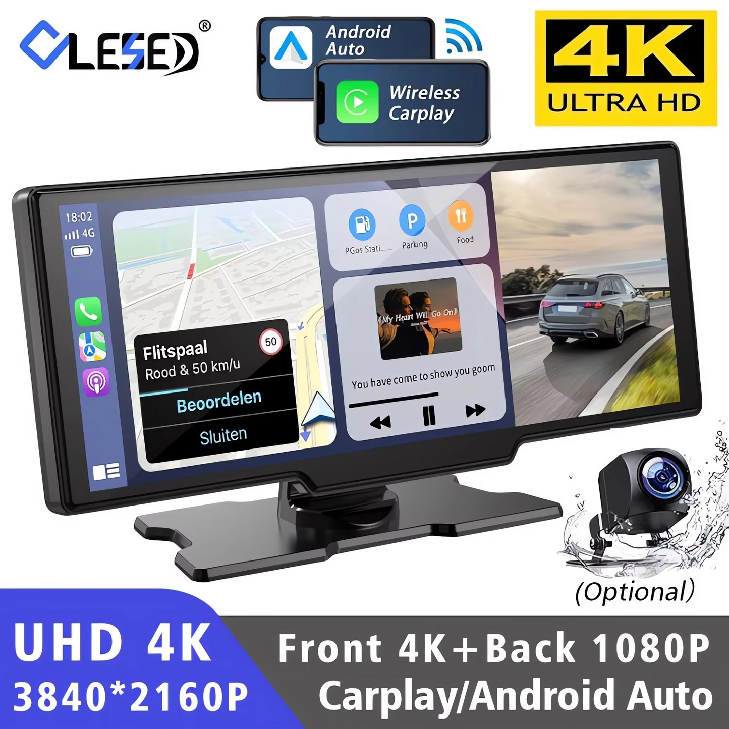 10.26-Inch 4K Car DVR Dash Cam – CarPlay & Android Auto | Dual Lens | GPS | 5G WiFi | Bluetooth | FM | Drive Recorder