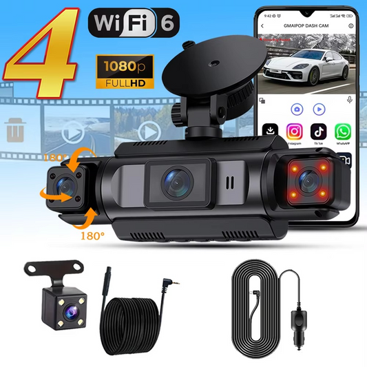 4-Channel Car Dash Cam Black Box – FHD 1080P Front + Rear + Left + Right Driving Camera | Night Vision | WiFi | Loop Recording | Hardwire Supported