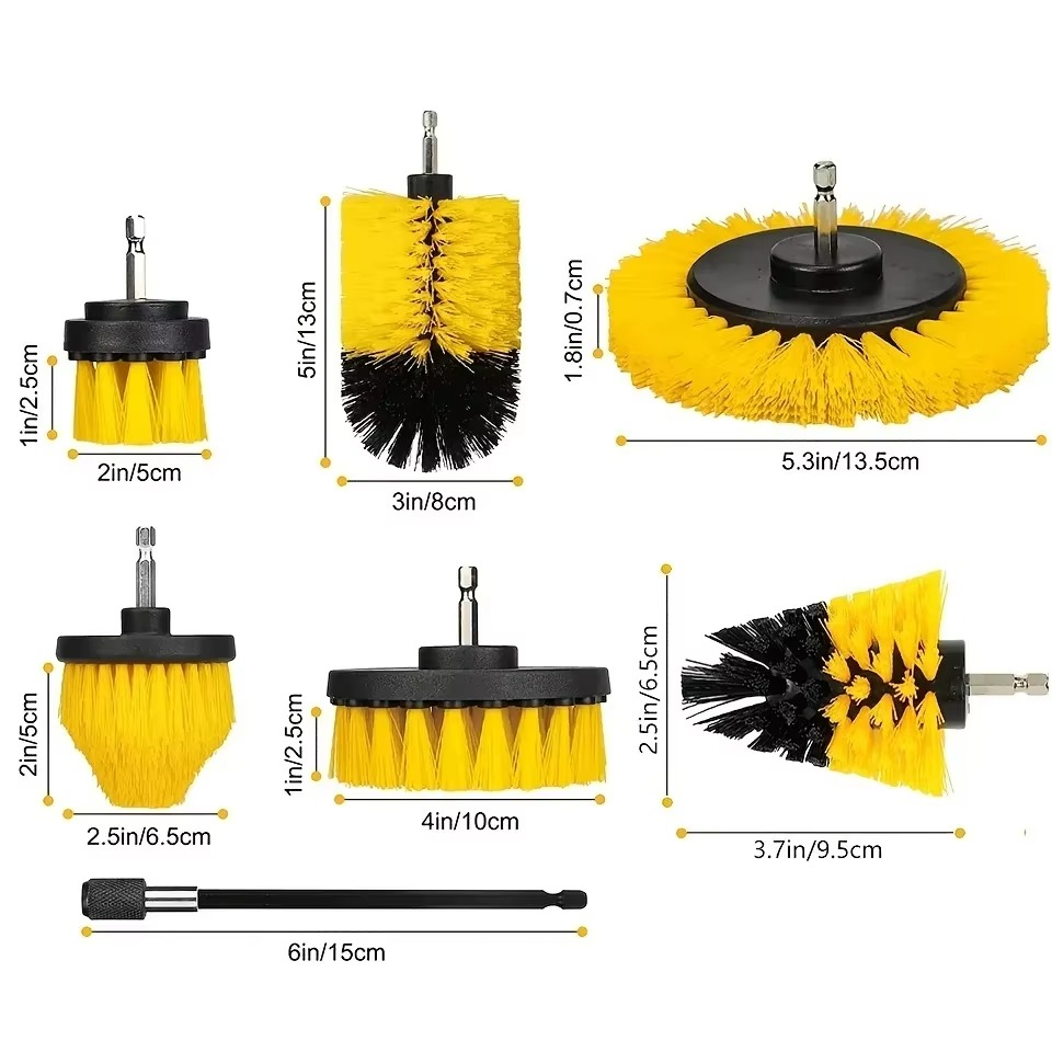 7-Piece Drill Brush Attachment Cleaning Kit | Multi-Purpose Scrub Brush Set with Extension Rod for Floor, Bathroom & Automotive