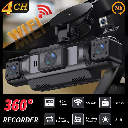 4-Channel Car Dash Cam Black Box – FHD 1080P Front + Rear + Left + Right Driving Camera | Night Vision | WiFi | Loop Recording | Hardwire Supported