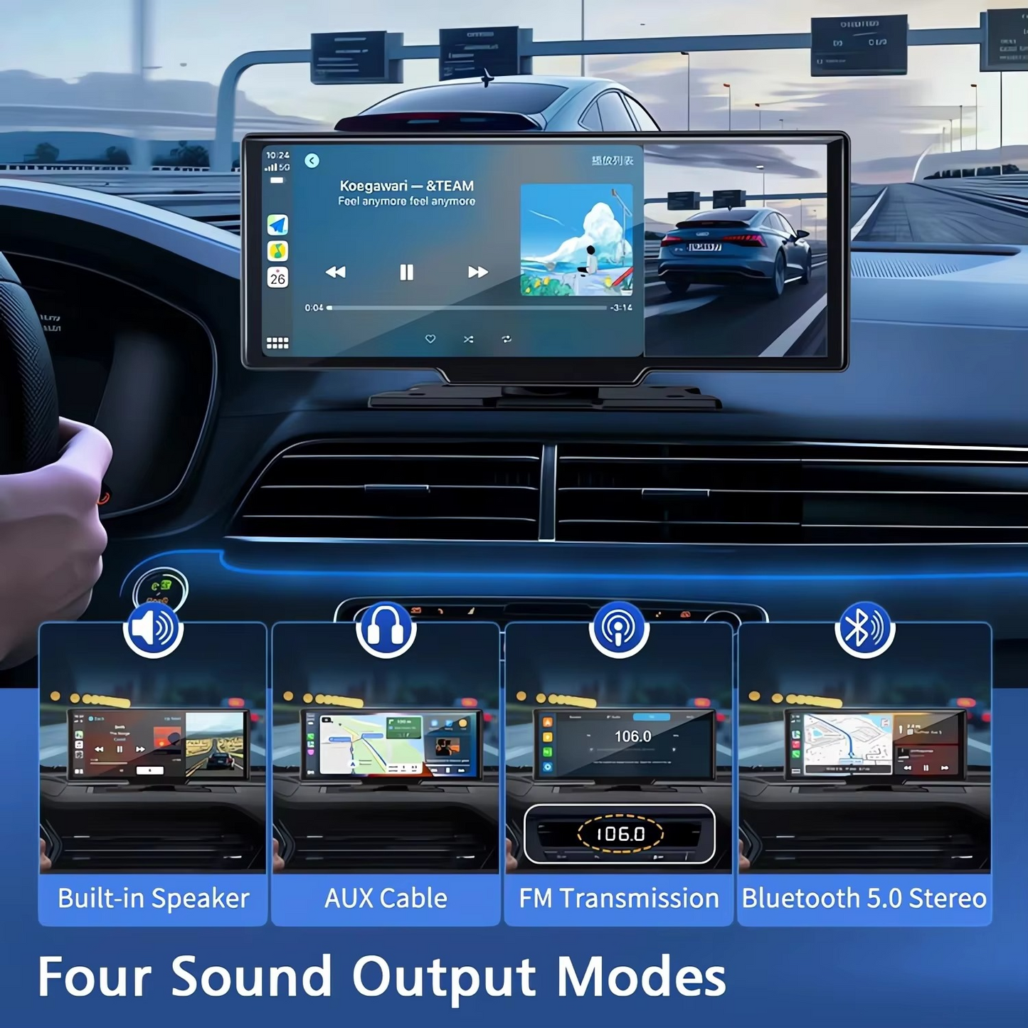 10.26-Inch 4K Car DVR Dash Cam – CarPlay & Android Auto | Dual Lens | GPS | 5G WiFi | Bluetooth | FM | Drive Recorder