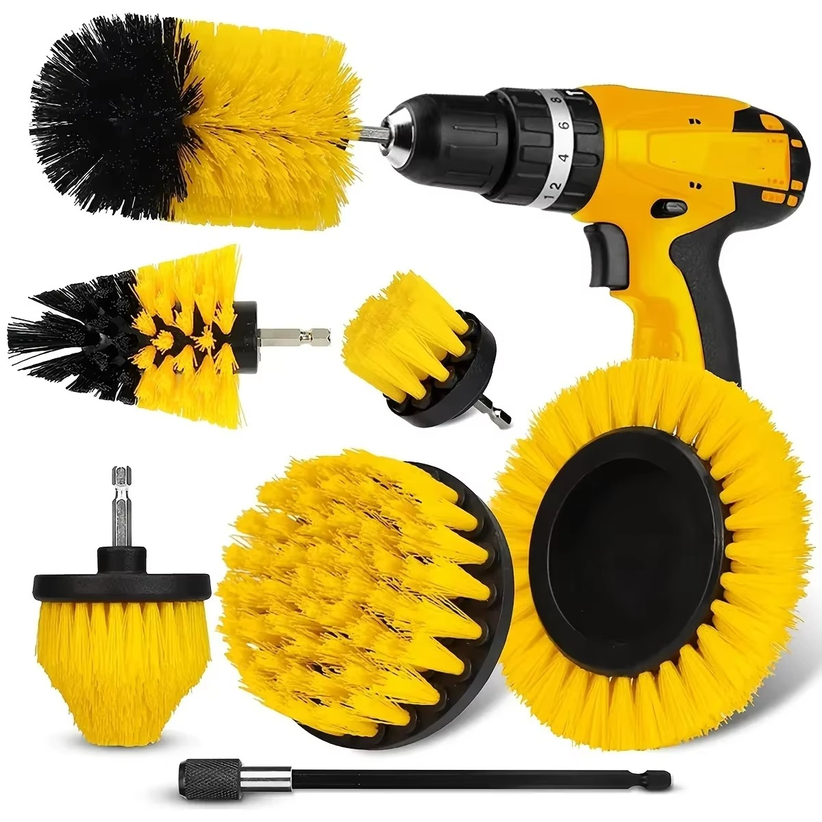 7-Piece Drill Brush Attachment Cleaning Kit | Multi-Purpose Scrub Brush Set with Extension Rod for Floor, Bathroom & Automotive