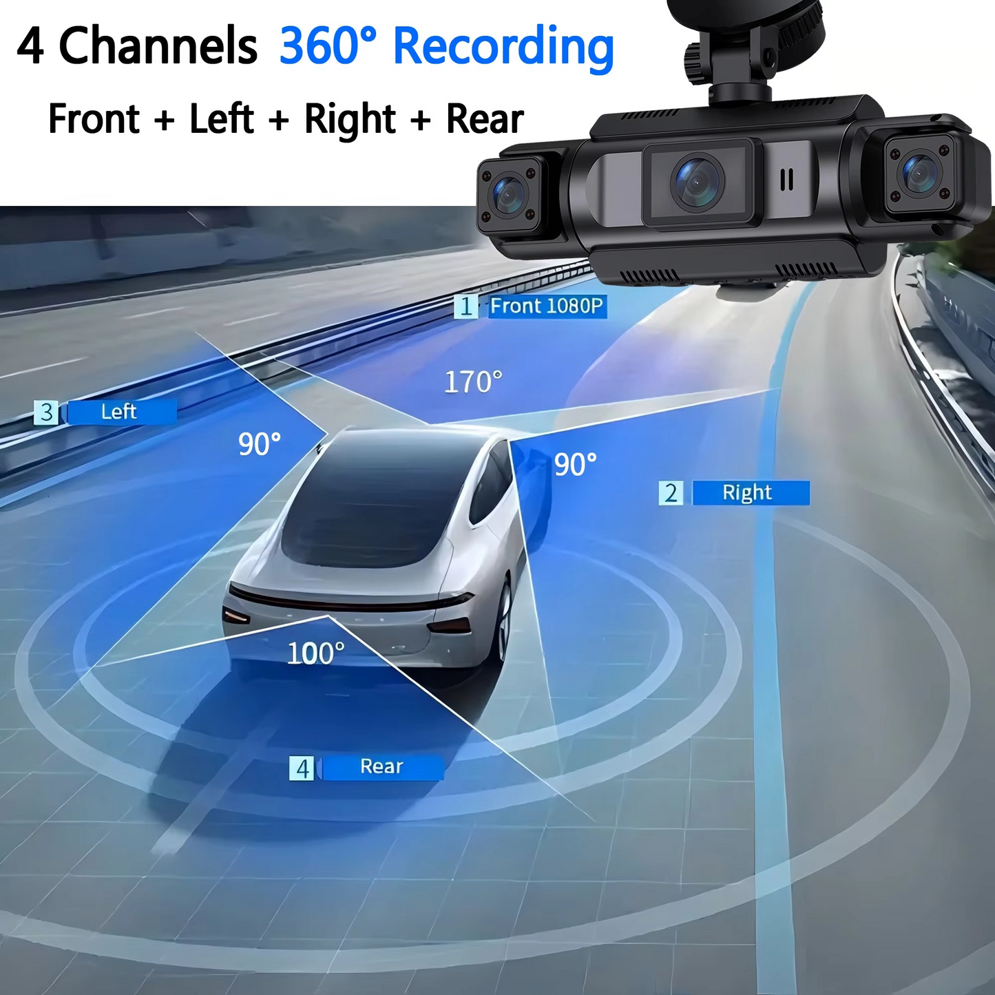 4-Channel Car Dash Cam Black Box – FHD 1080P Front + Rear + Left + Right Driving Camera | Night Vision | WiFi | Loop Recording | Hardwire Supported