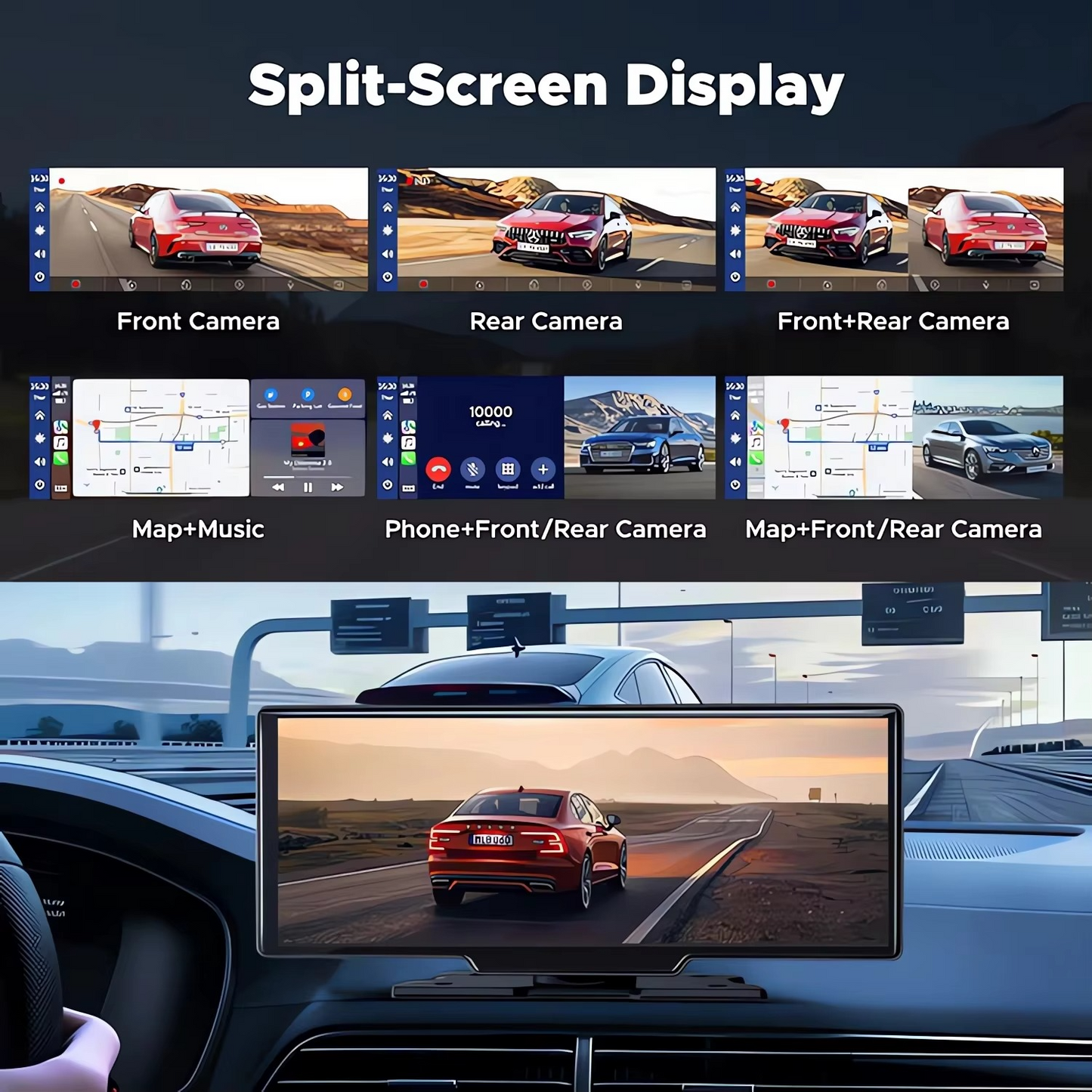 10.26-Inch 4K Car DVR Dash Cam – CarPlay & Android Auto | Dual Lens | GPS | 5G WiFi | Bluetooth | FM | Drive Recorder