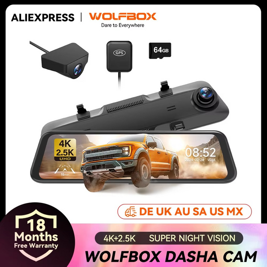 WOLFBOX G900 12” 4K + 2.5K Mirror Dash Cam with GPS
