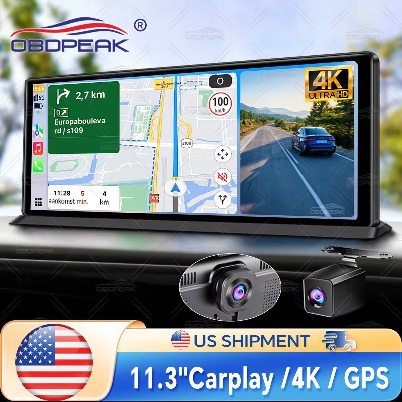 4K Dash Cam with Wireless CarPlay, Android Auto 11.3"