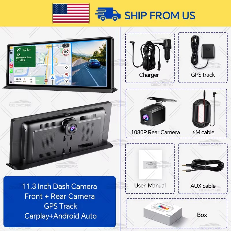 4K Dash Cam with Wireless CarPlay, Android Auto 11.3"