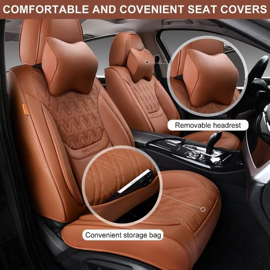 Brown Leather Car Seat Covers – Complete Set with Front, Rear & Headrests