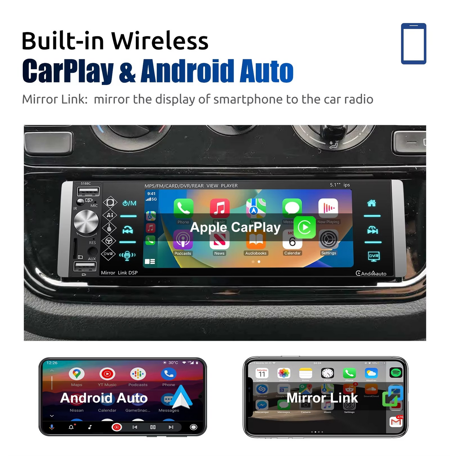 DIN Car Stereo  Wireless CarPlay System
