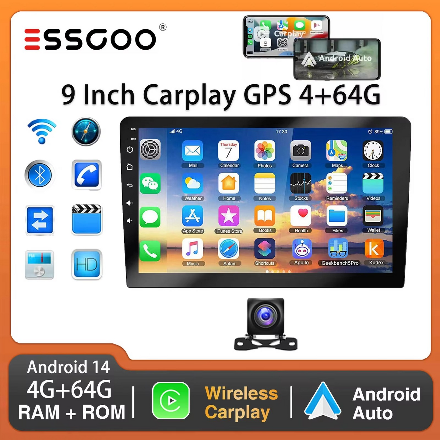 2-DIN Car Stereo – Wireless CarPlay, Android 9"