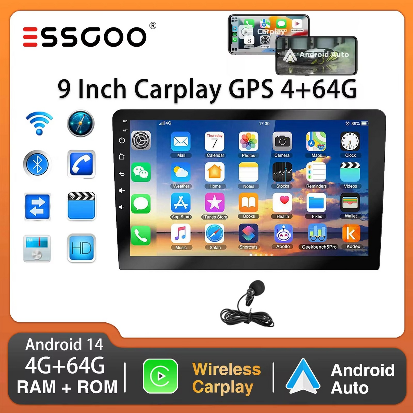 2-DIN Car Stereo – Wireless CarPlay, Android 9"