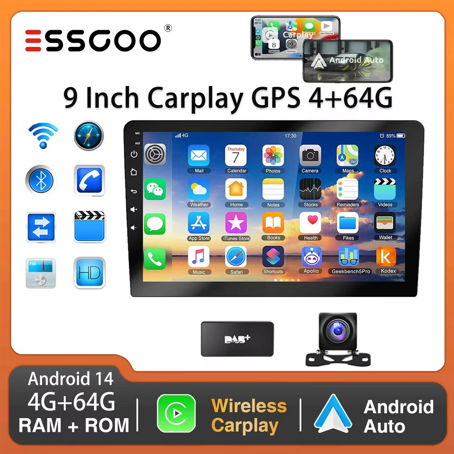 2-DIN Car Stereo – Wireless CarPlay, Android 9"