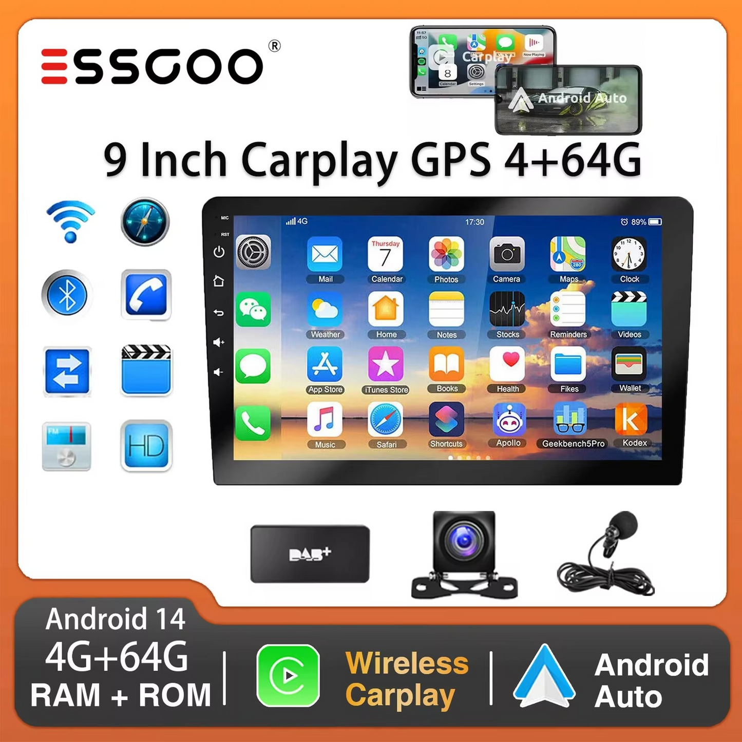 2-DIN Car Stereo – Wireless CarPlay, Android 9"