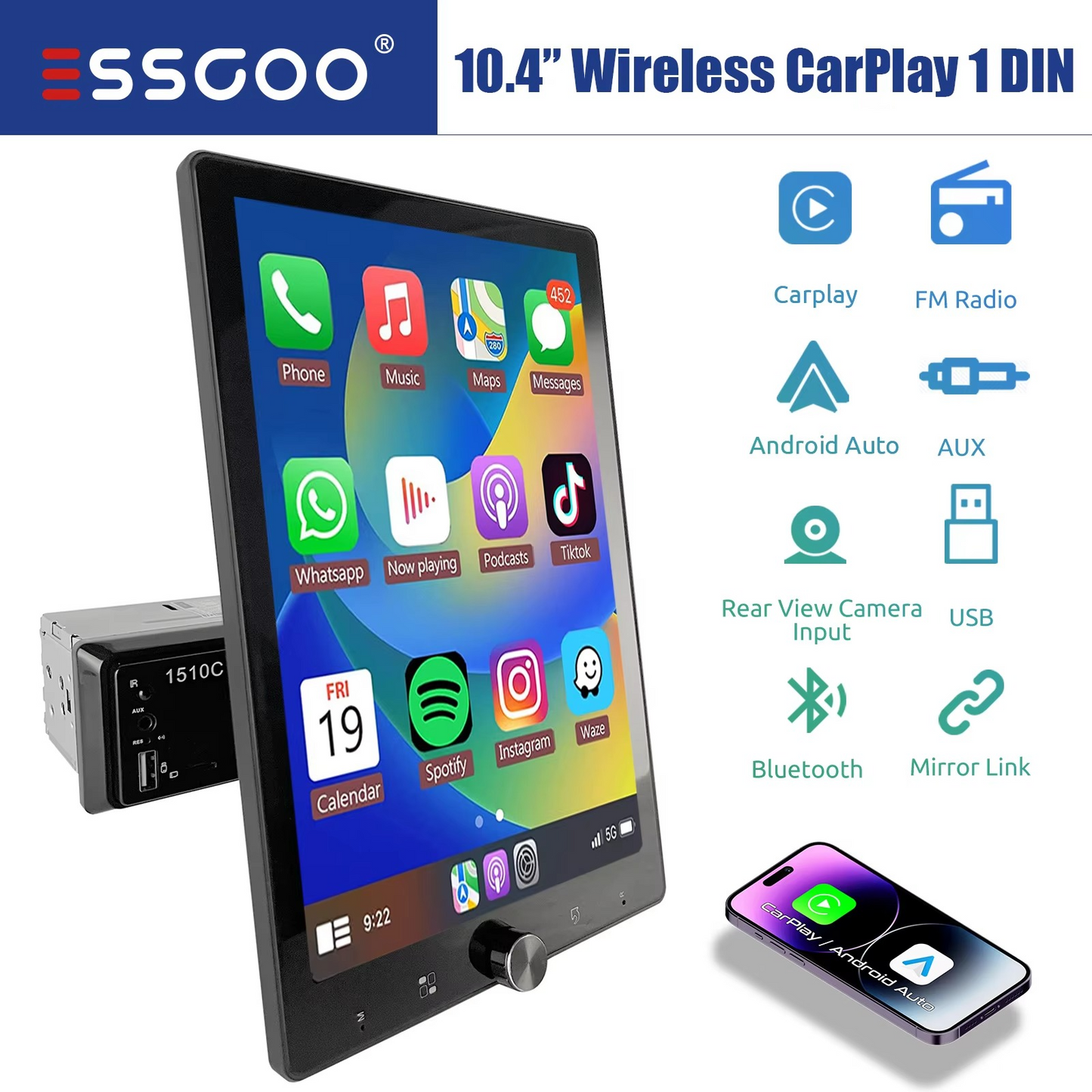 10.1 Inch Rotatable IPS Touch Screen Single DIN